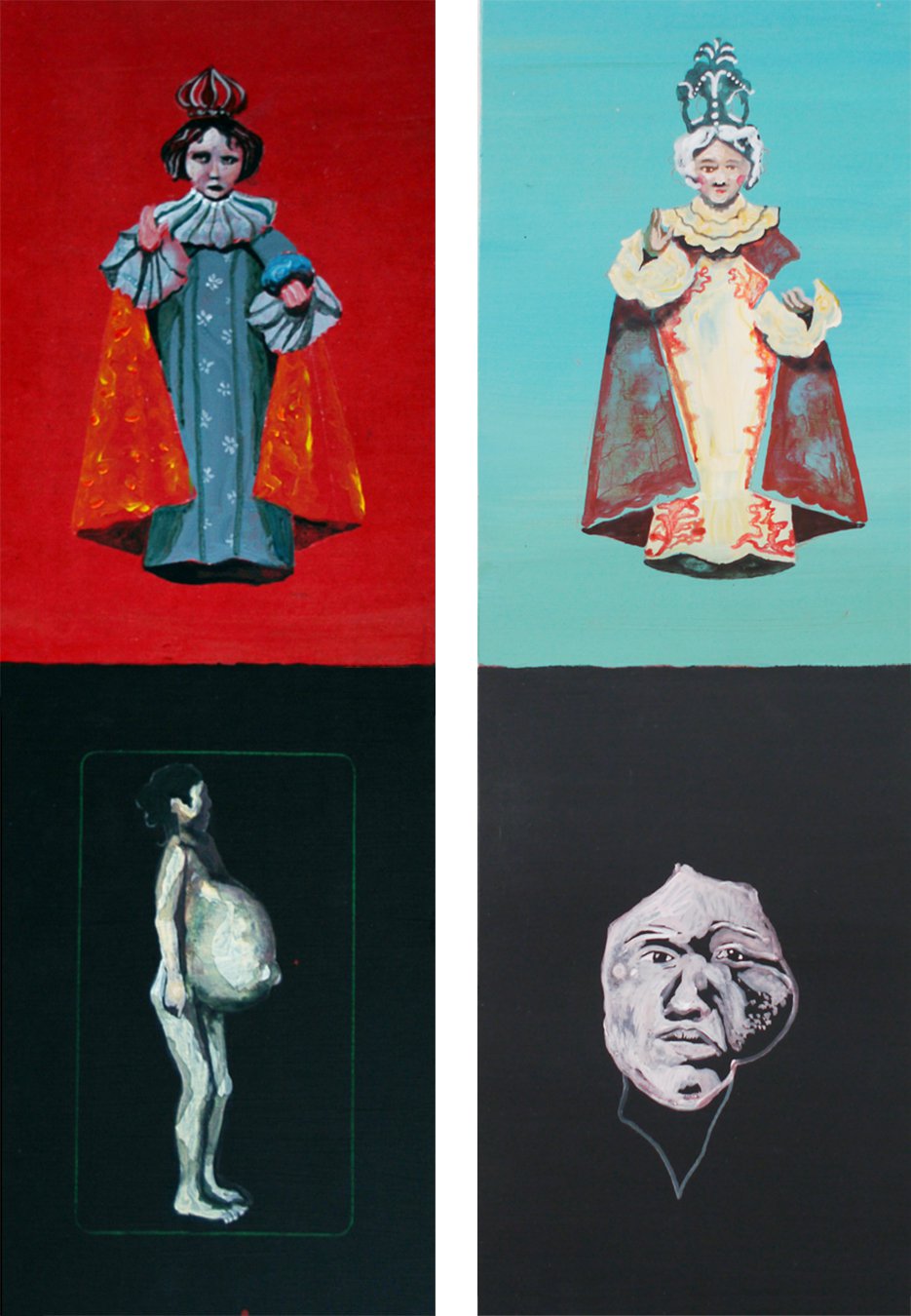 A.K. (Rinke Nijburg) Groeipijn nrs. 3 en 4 uit een serie van 5, 2017-2022, gemengde techniek op mdf (collectie kunstenaar). Dit werk is onderdeel van de tentoonstelling Kwaadaardig Mooi – kunstenaars verbeelden kanker in Museum Tot Zover.