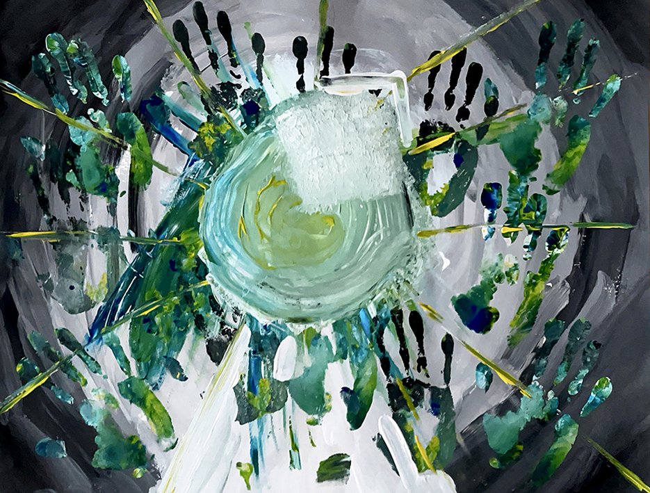 Melissa Anisha Sluiter, zonder titel (‘Schilderij met de handen’), acryl op papier, 50 x 64,8 cm, 2020/21 (collectie Guus en Indra Sluiter)
