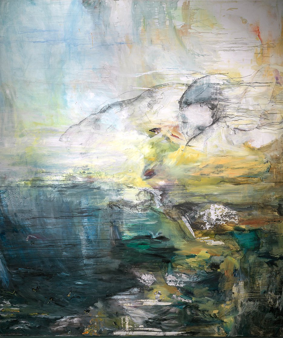Sarah Grothus, I catch the wave and fly away, olieverf, acryl, lak, muurverf, grafiet en houtskool op katoen (foto Gert Jan van Rooij). Dit schilderij is t/m 27 maart 2022 te zien op de tentoonstelling Schemering in Museum Tot Zover.