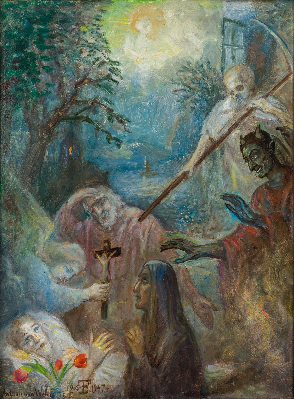 Antoon van Welie (1866-1956): Symbolische voorstelling over de dood. Olieverf op paneel, 47,8 x 37,5 cm (incl. lijst) Linksonder: Antoon van Welie / 5∙II / 1916*TB.1947* [TB als monogram]