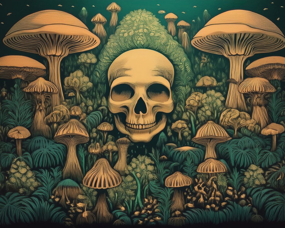 AI gegenereerde blije schedel in psychedelisch paddoveld. Museum Tot Zover 2025