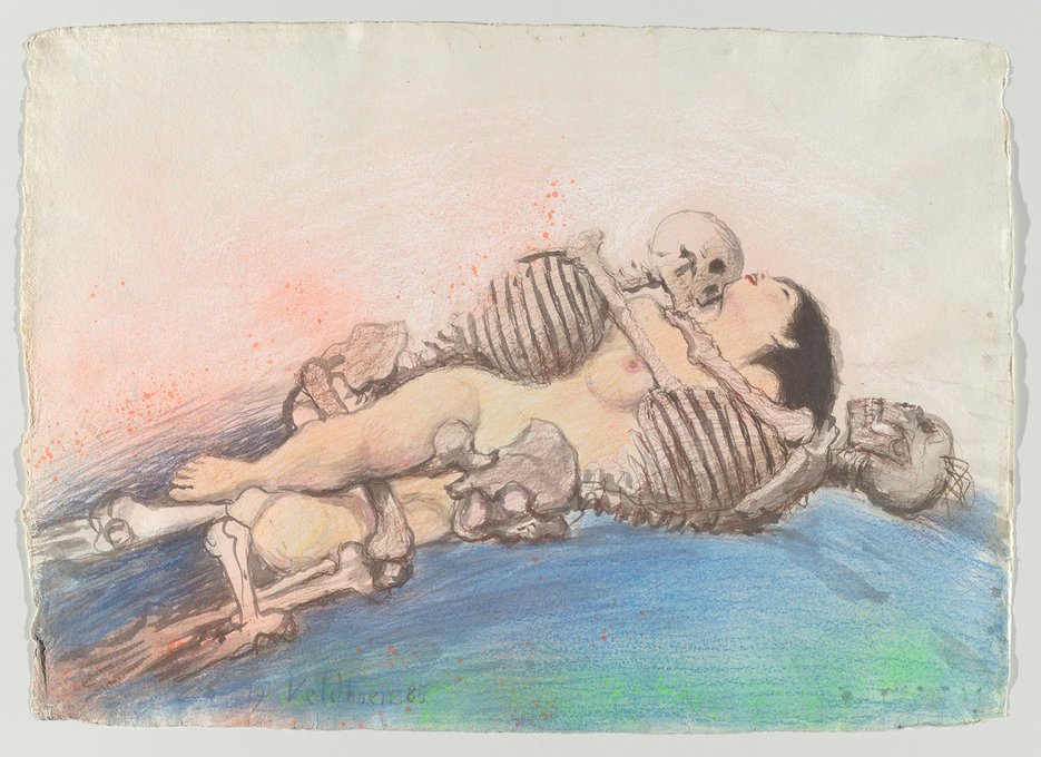Aat Veldhoen, Naakte vrouw met skeletten, 1985, aquarel en krijt op papier (Collectie Rijksdienst voor het Cultureel Erfgoed, nu te zien op de tentoonstelling Aat Veldhoen, realist tot in de kist in Museum Tot Zover, Amsterdam).