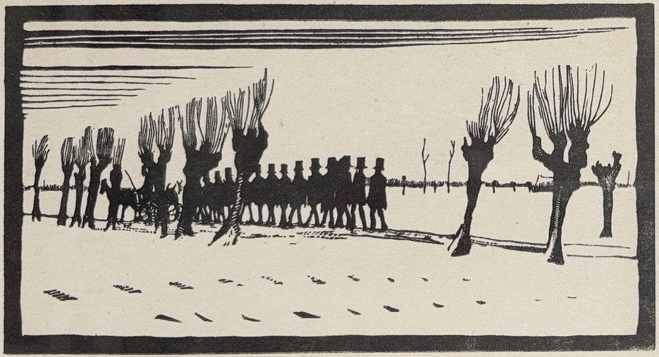 Dirk Hidde Nijland (1881-1955), Boerenbegrafenis, houtsnede, 14,5 x 28 cm, ca. 1920 (Museum Tot Zover, Amsterdam, schenking 2025)