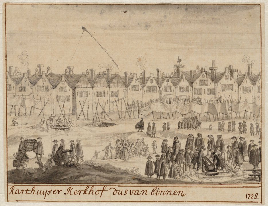 Andries Schoenmaker, Het Karthuijser kerkhof dus van binnen, tekening, 1728 (Stadsarchief, Amsterdam)