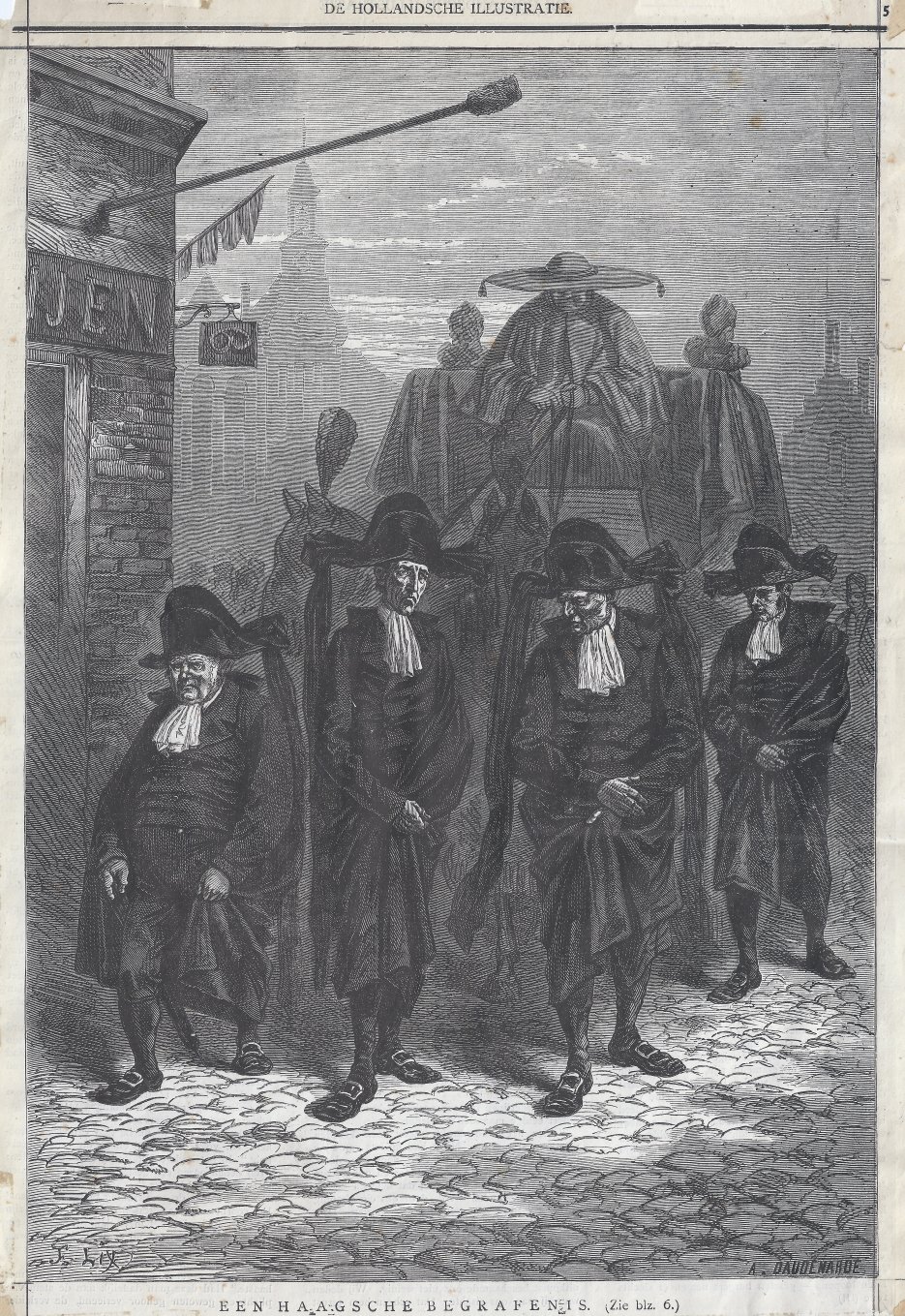 Een Hollandsche Begrafenis, prent van Louis Joseph Amédée Daudenarde (1839-1907) naar ontwerp van Frédéric Théodore Lix (1830-1897), gepubliceerd in De Hollandsche Illustratie ca. 1875 (recent aangekocht door Museum Tot Zover)